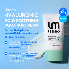 Lesimo Hyaluronic Acid Soothing Aqua Suncream (SPF 50+, PA++++), Daily Suncream, UV A & UVB Protection, Invisible Korean Suncream for Face with No White Cast, 2.02 fl.oz. (60mL)